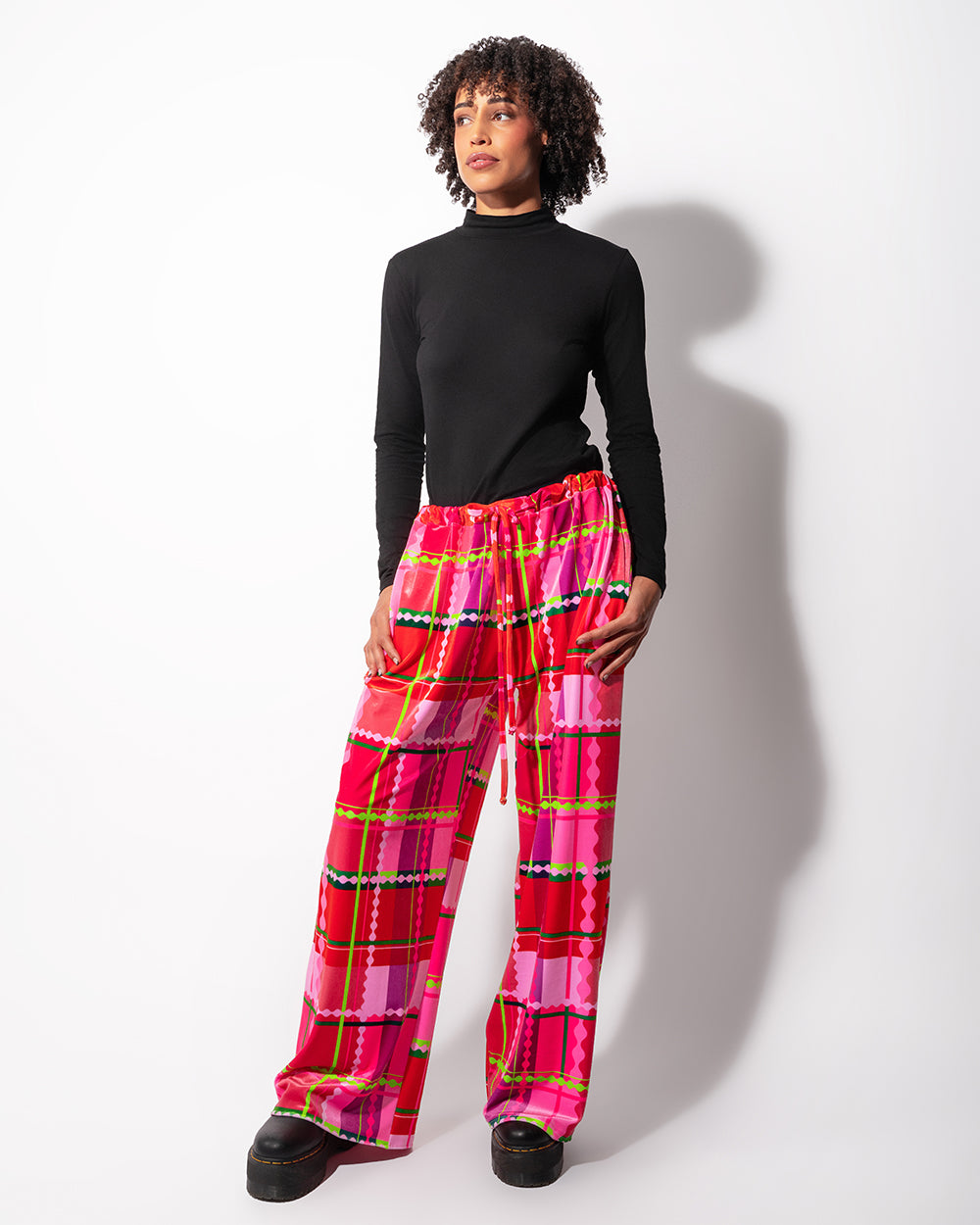 Velvet Wide Leg Trouser | Wavy Plaid
