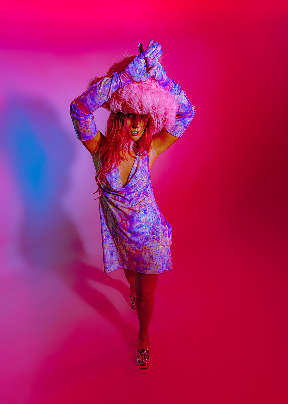 Printed & Sheer Mesh Cowl Neck Mini Dress | Iridescent | Loonigans - LAST ONE LEFT