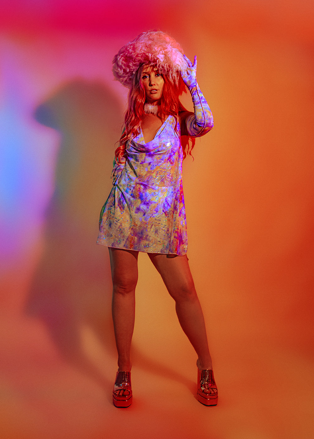 Printed & Sheer Mesh Cowl Neck Mini Dress | Iridescent | Loonigans - LAST ONE LEFT