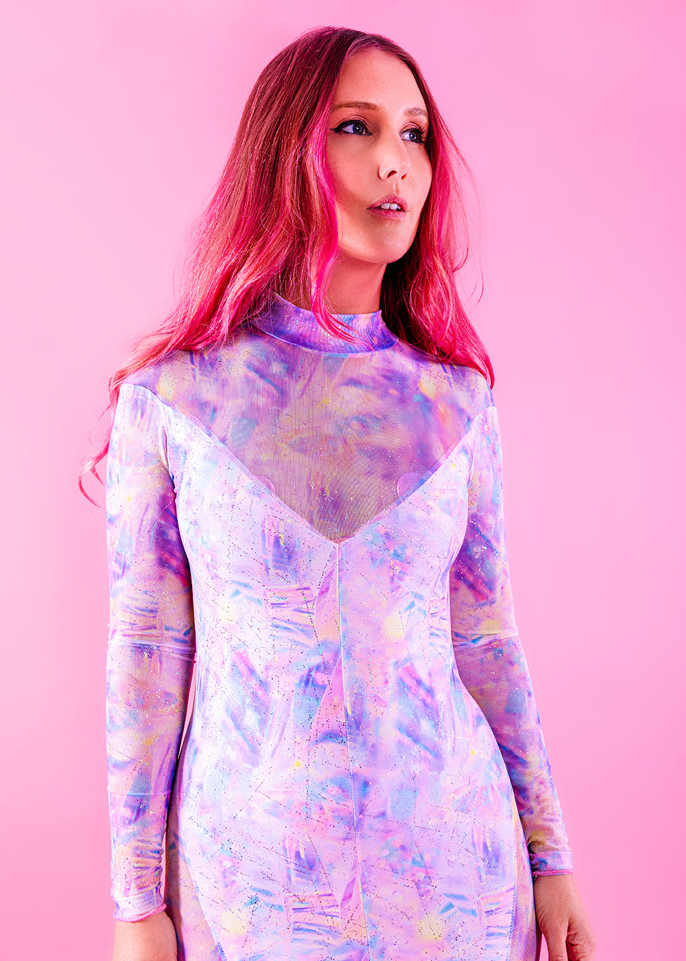 Printed & Mesh Festival Catsuit | Iridescent | Loonigans - LAST ONE LEFT