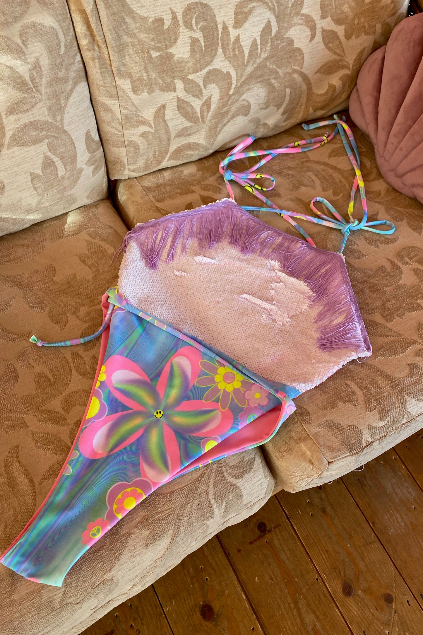 Sequin and Print Fringe High Cut Festival Bodysuit | Pastel | Loonigans - LAST SIZES LEFT