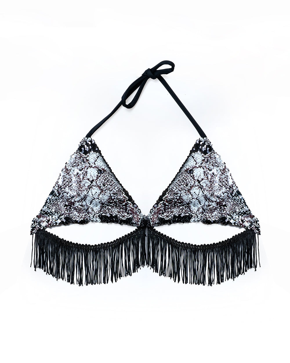Dino Sequin and Fringe Super Crop Triangle Top | Loonigans