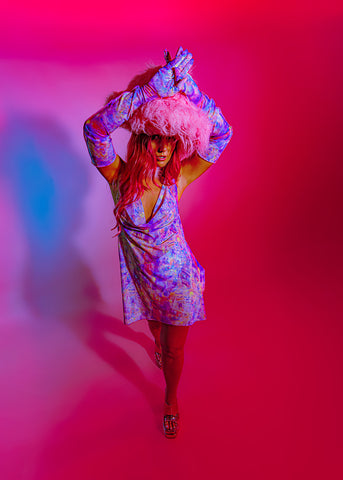Printed & Sheer Mesh Cowl Neck Festival Mini Dress | 2 Colours | Loonigans