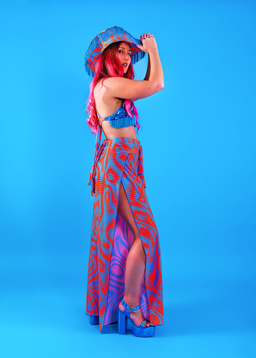 Printed Wide Leg High Split Festival Trousers | 2 Colours | Loonigans