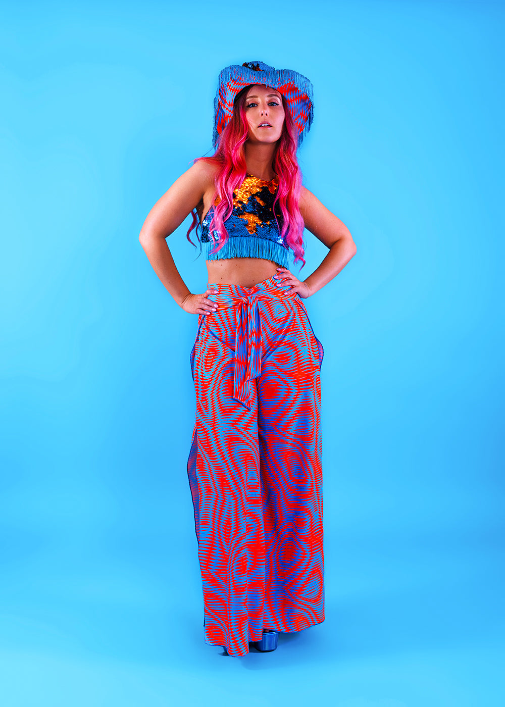 Printed Wide Leg High Split Festival Trousers | 2 Colours | Loonigans