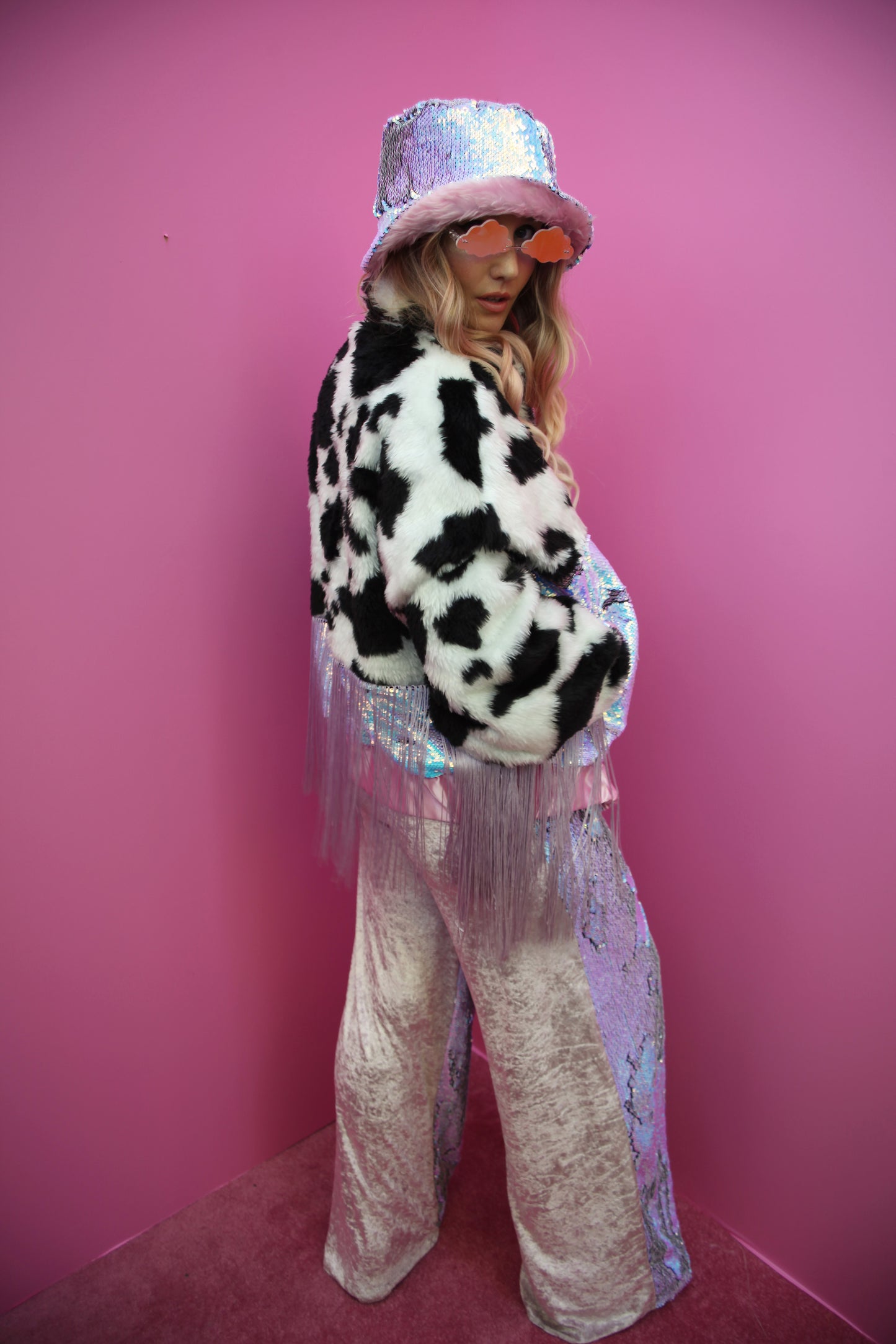 WEAR CARBS X LOONIGANS Cow Faux Fur & Celestine Sequin Jacket