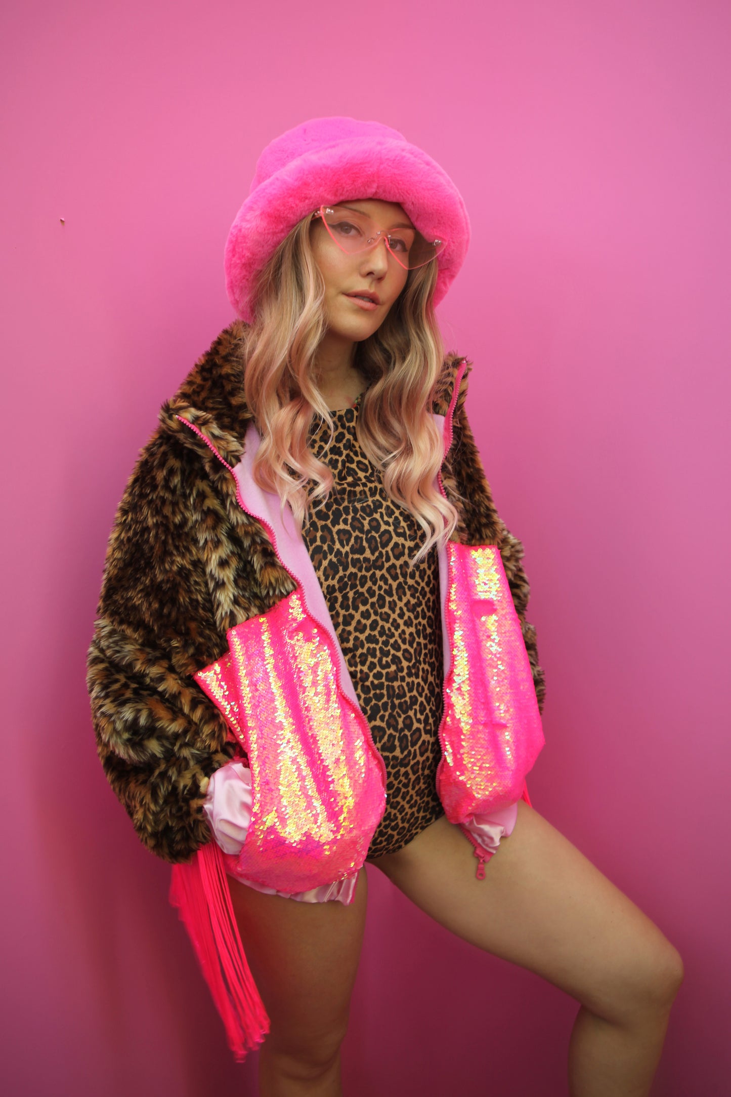 WEAR CARBS X LOONIGANS Leopard Faux Fur & Neon Pink Sequin Jacket