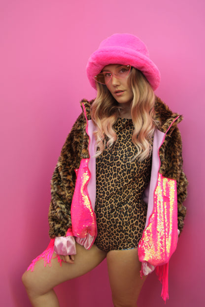 WEAR CARBS X LOONIGANS Leopard Faux Fur & Neon Pink Sequin Jacket