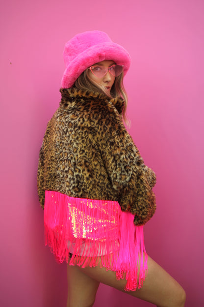 WEAR CARBS X LOONIGANS Leopard Faux Fur & Neon Pink Sequin Jacket