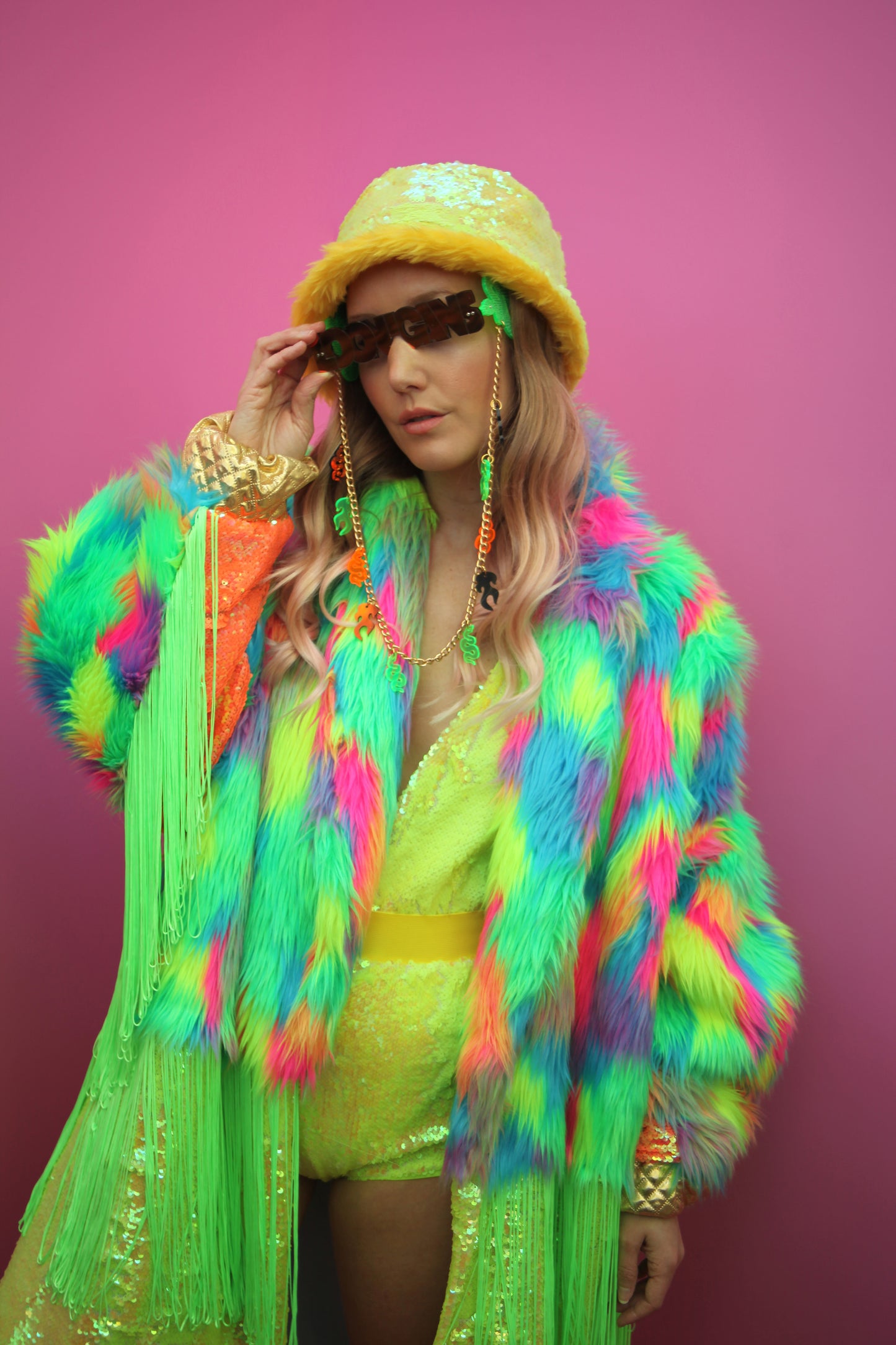 WEAR CARBS X LOONIGANS Neon Faux Fur & Sequin Coat