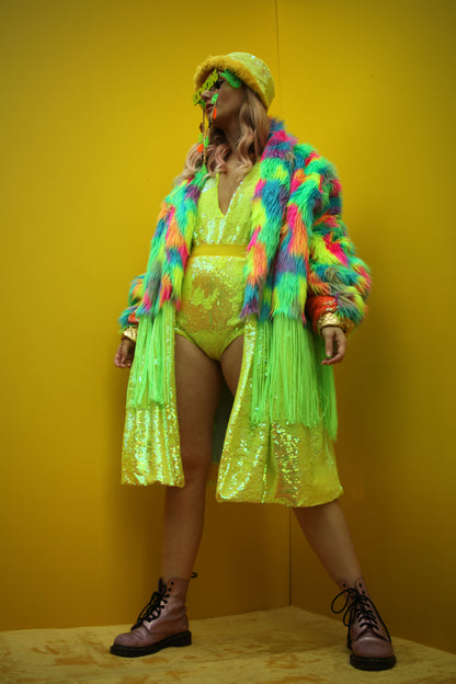 WEAR CARBS X LOONIGANS Neon Faux Fur & Sequin Coat