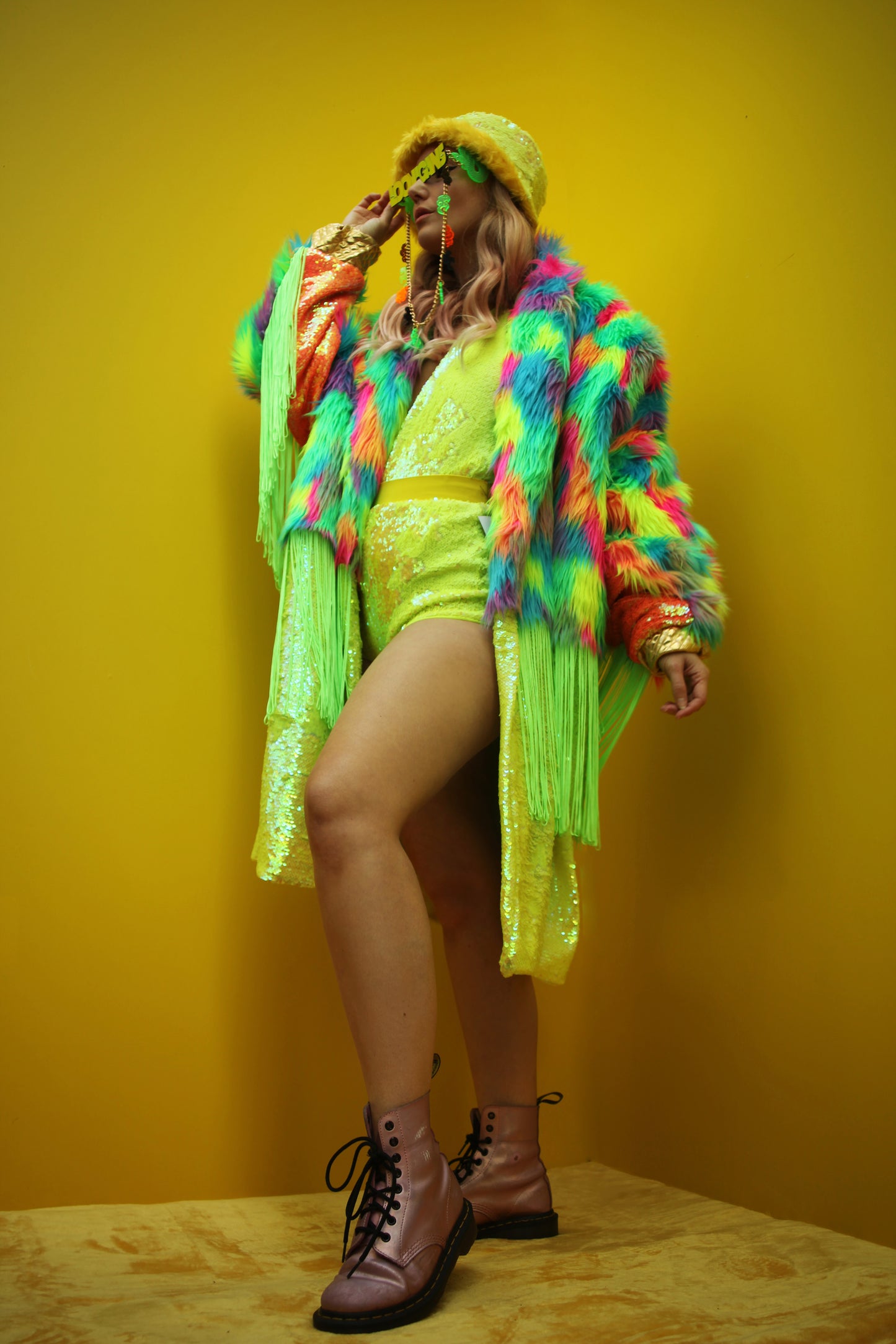 WEAR CARBS X LOONIGANS Neon Faux Fur & Sequin Coat