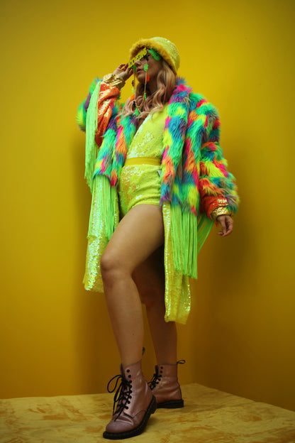 WEAR CARBS X LOONIGANS Neon Faux Fur & Sequin Coat