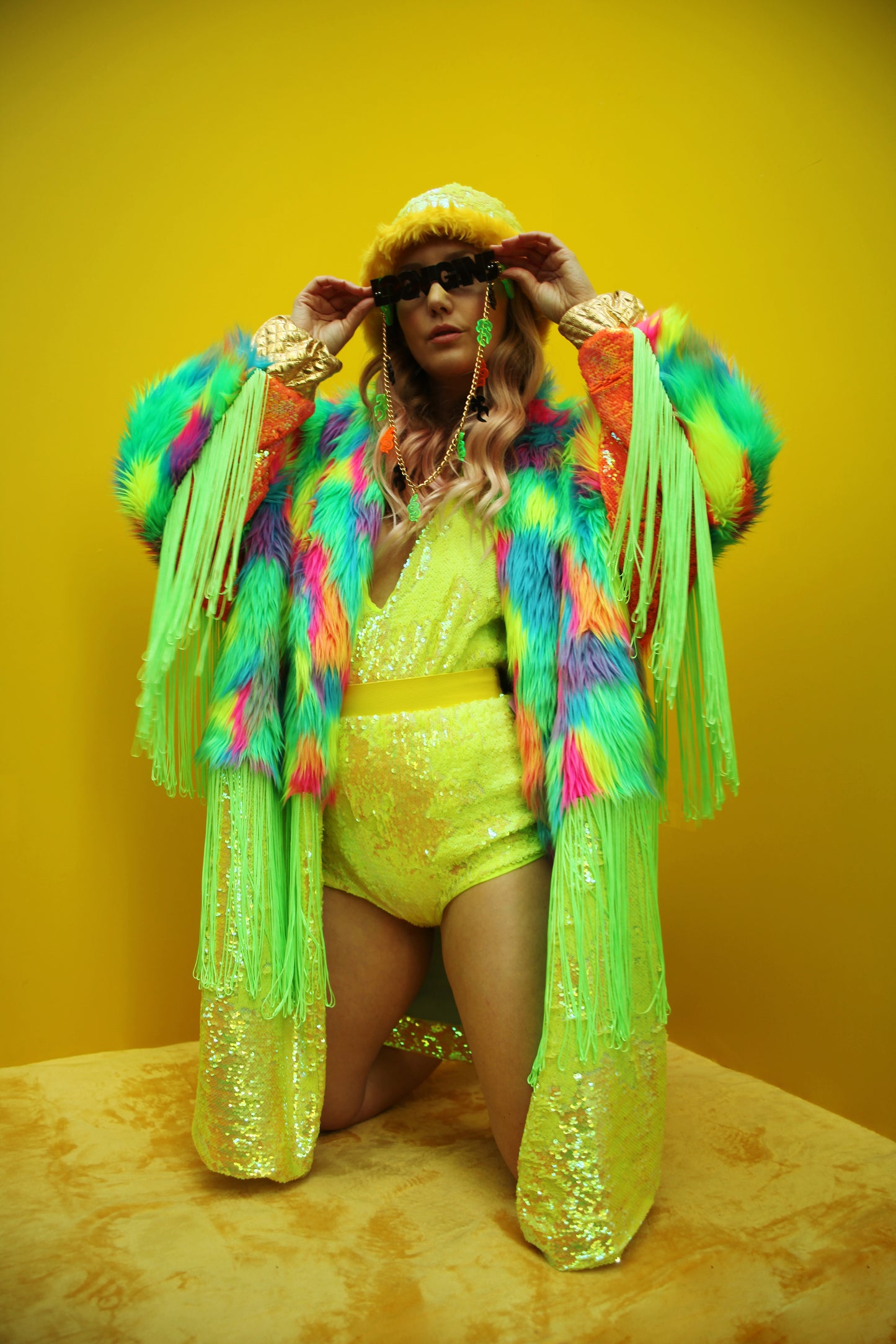 WEAR CARBS X LOONIGANS Neon Faux Fur & Sequin Coat