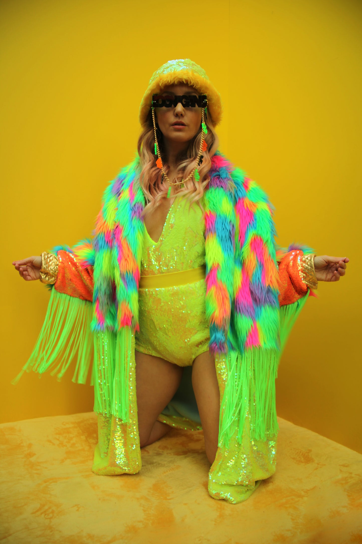 WEAR CARBS X LOONIGANS Neon Faux Fur & Sequin Coat