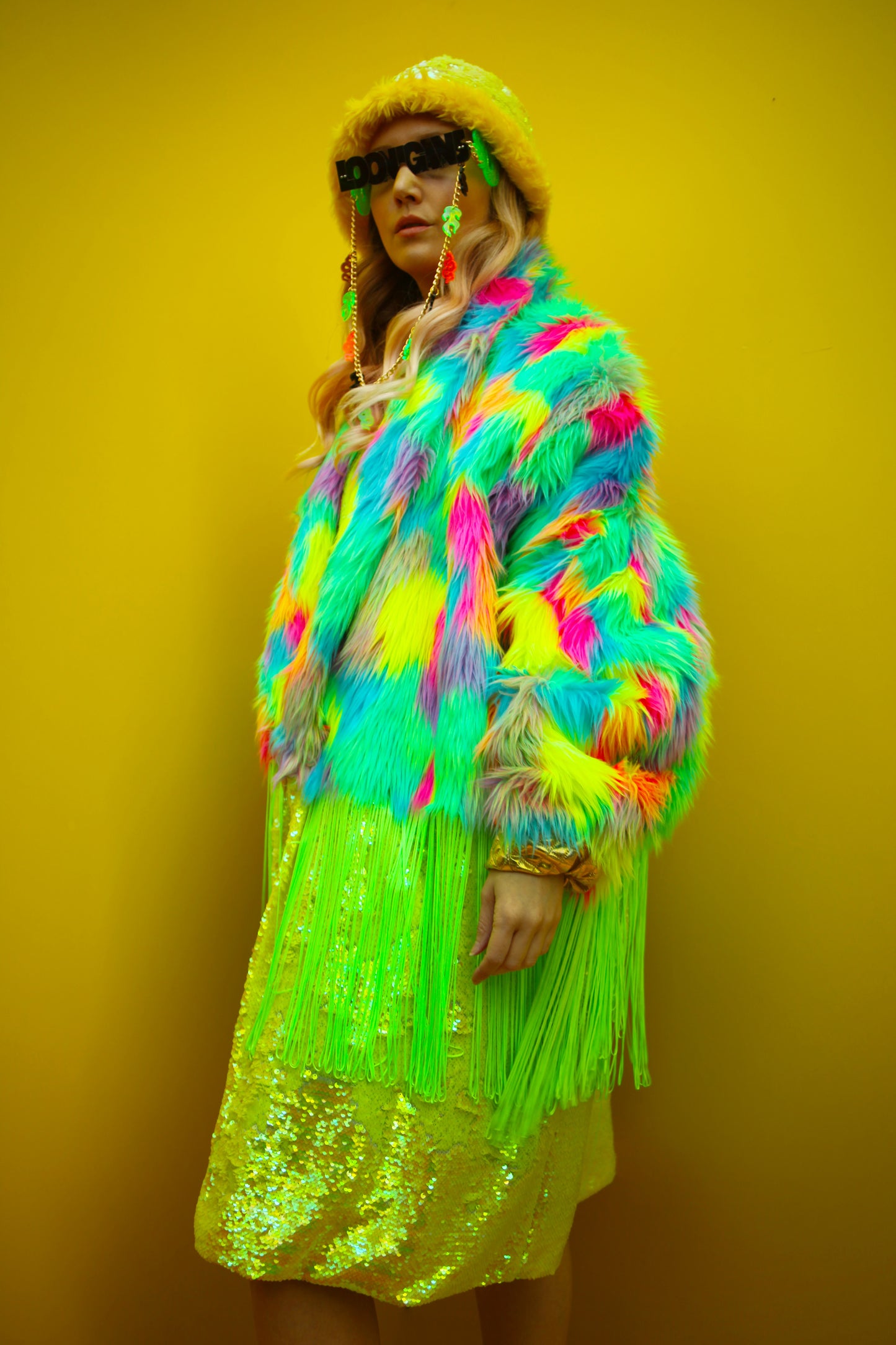 WEAR CARBS X LOONIGANS Neon Faux Fur & Sequin Coat