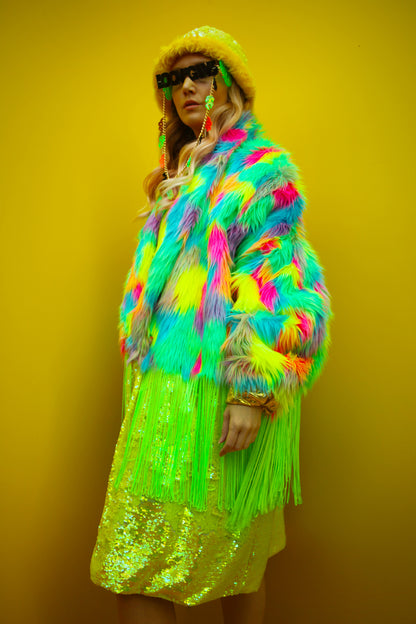 WEAR CARBS X LOONIGANS Neon Faux Fur & Sequin Coat