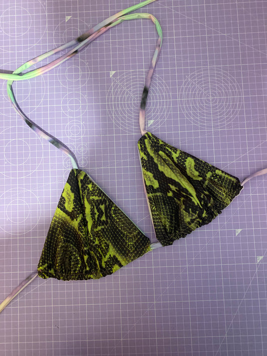 UK 6-8 XS - Reversible Triangle Bikini Top - Neon Green Snake/Tie Dye