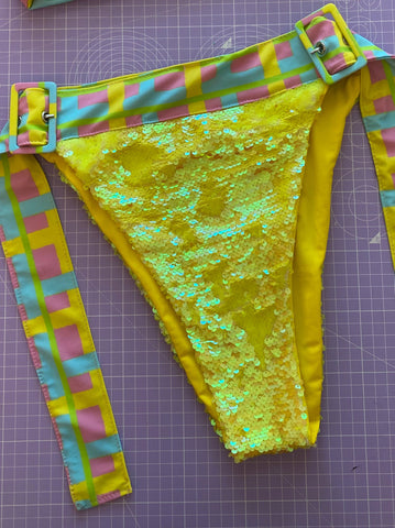 UK 10 - Sequin Buckle Bikini Bottom - Neon Yellow/Picnic Punch