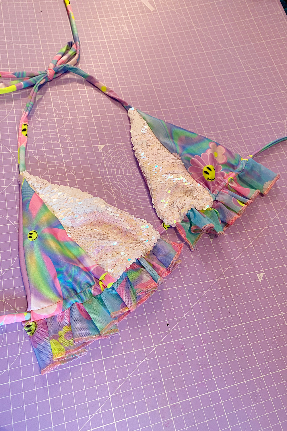 Sequin and Print Frill-kini Festival Bikini Top | 2 Colours | Loonigans