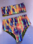 UK 12-14 L - Bandeau & High Waist Bikini - Yellow Snake/Tie Dye