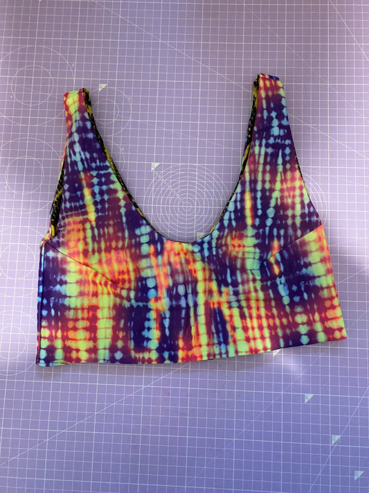 UK 6-8 XS - Reversible Crop Top - Yellow Snake/Tie Dye