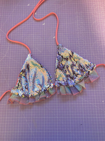 S Sequin & Constellation Frill Bikini Top